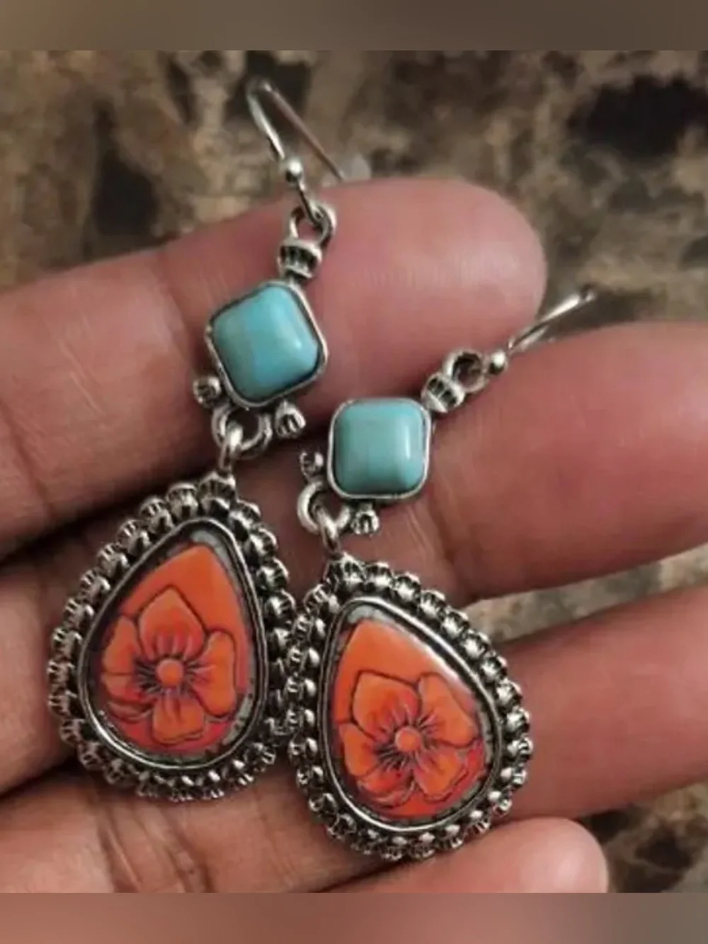 Orange Floral Teardrop Earrings with Turquoise Accent